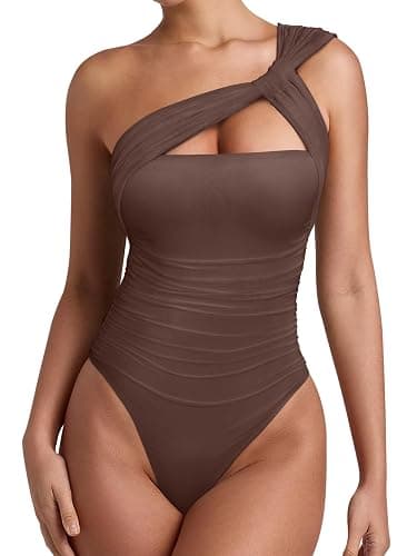 REORIA Womens Sexy One Shoulder Asymmetrical Leopard Print Mesh Ruched Backless Going Out Bodysuits Tops thumbnail 2