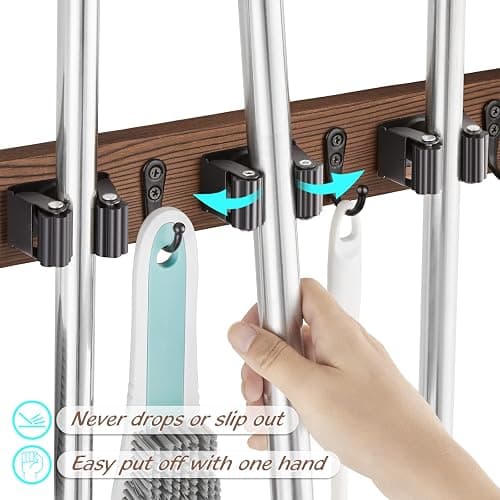 OUTNILI Mop Broom Holder Wall Mount with 3 Slots & 4 Hooks - Wood Broom Mop Hanger for Pantry Kitchen Organization - Garden Tool Organizer for Closet Laundry Room - for Rustic Farmhouse Kitchen Decor thumbnail 4