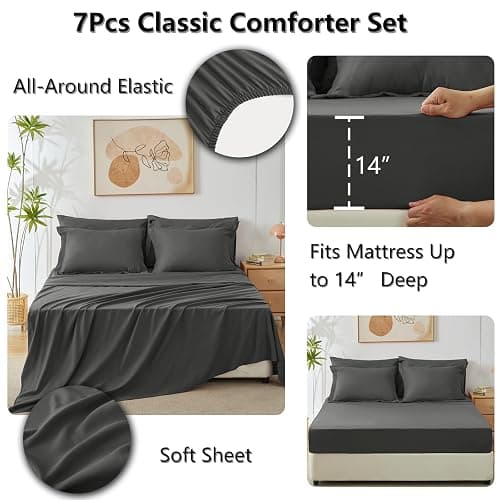 CozyLux Full Size Comforter Sets Dark Grey - 7 Pieces Bed in a Bag Full, Luxury Soft Bed Set for All Seasons, Bedding Set with Down Alternative Comforter, Sheets, Pillowcases & Shams - Dark Grey - Full thumbnail 5