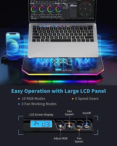 KeiBn Upgarde Laptop Cooling Pad, RGB Lights Laptop Cooler 6 Fans for 15.6-17.3 Inch Laptops, 7 Height Stands, 10 Modes Light, 2 USB Ports, Desk or Lap Use (A8,Blue) thumbnail 3