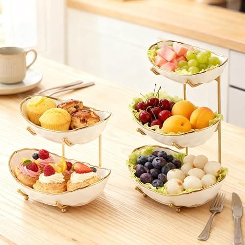 jessie 2 Tier Ceramic Fruit Bowl for Kitchen Counter with Metal Rack, Fruit Basket with Stand, Porcelain Bowls for Vegetable Bread Candy Snack Nuts Dessert Cake Tray (Gold 2 layer) thumbnail 2