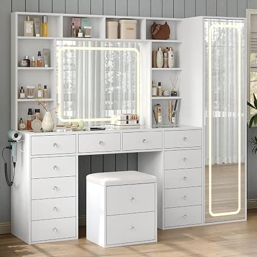Yanosaku Vanity Desk Full Length Mirror & LED Mirror with Power Outlet, Makeup Vanity 14 Drawers & 10 Shelves, Hidden Storage Capacity, Dimmable & 3 Color Lighting Dressing Table for Bedroom, White thumbnail 3