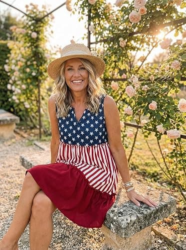 AIMITAG American Flag Star Vertical Striped Ruffled Mini Dress Womens 4th of July Patriotic Dresses Casual Color Block Dress thumbnail 4