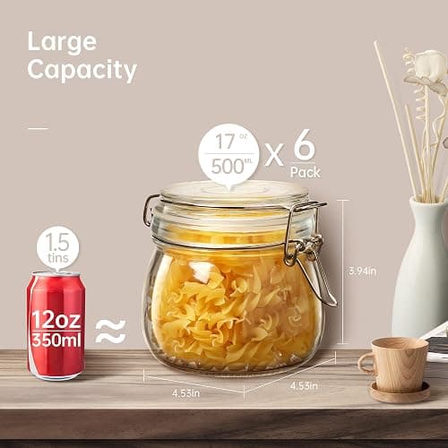 HomArtist Glass Jars with Airtight Lid Set of 6, 17 floz Wide Mouth Mason Jars with Clamp Lids,Glass Sealed Jars with Air Tight Lids, Best for Kitchen & Pantry Food Storage thumbnail 3