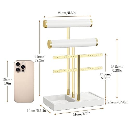 bussdis 3 Tier Bracelet Holder Display - White Leather Bracelet Holder, Detachable T Bar Jewelry Holder Organizer for Bracelet, Necklace, Earrings, Rings, Watches, Bangle thumbnail 3