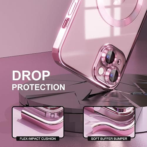 Misea Magnetic for iPhone 15 Case Compatible with MagSafe [Never Yellowing] [Military Grade Drop Protection] Full Camera Lens Protector Plating Soft Clear Phone Case for Women, Pink thumbnail 4