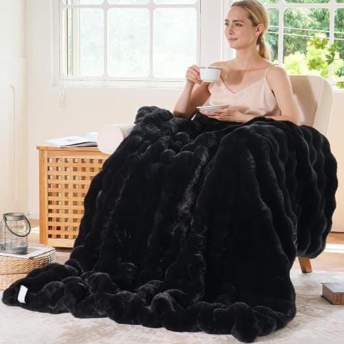 BENVWE Faux Fur Throw Blanket for Couch - Thickened Fluffy Soft Bubble Blanket for Living Room Home Decor - Fathers Day Birthday Gifts for Women Men, Black, 50" x 60",1300GSM thumbnail 2
