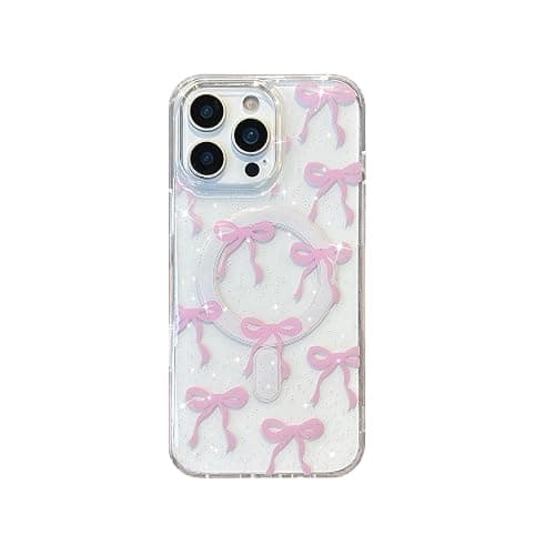 UEEBAI Magnetic for iPhone 15 Pro Max, Glitter Bow Case Compatible with MagSafe, Wireless Slim Sparkly Clear Aesthetic Phone Cover Anti-Yellowing Protective Cover for Women Girl - Glitter Pink thumbnail 7