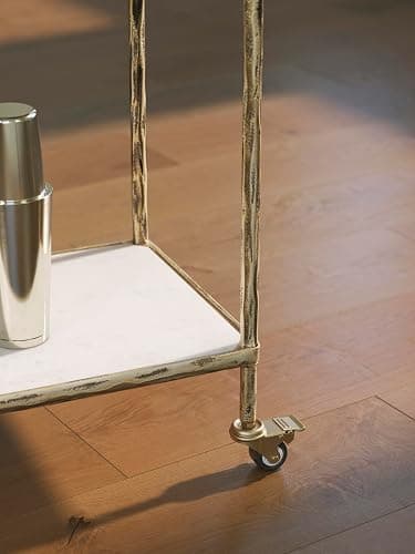 Signature Design by Ashley Plattfield Gold Bar Cart, 28" Antique Brass Serving Cart with Wheels, Genuine White Marble and Glass Shelves for Small Space Home Coffee Station, Light Gold Finish thumbnail 9