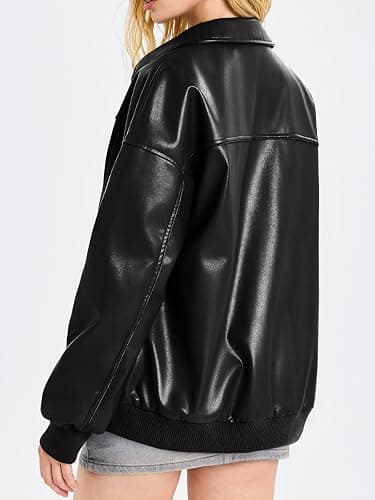 Tankaneo Womens Faux Leather Jackets Oversized Bomber Casual Fall Fashion Zip Up Moto Biker Coats thumbnail 4