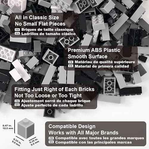 Building Bricks 1000 Pieces in Black, Dark Grey, Light Grey & White, Classic General Building Blocks Toys for Boys & Girls, Bulk Basic Brick Tiles for Adult's Building Projects thumbnail 5