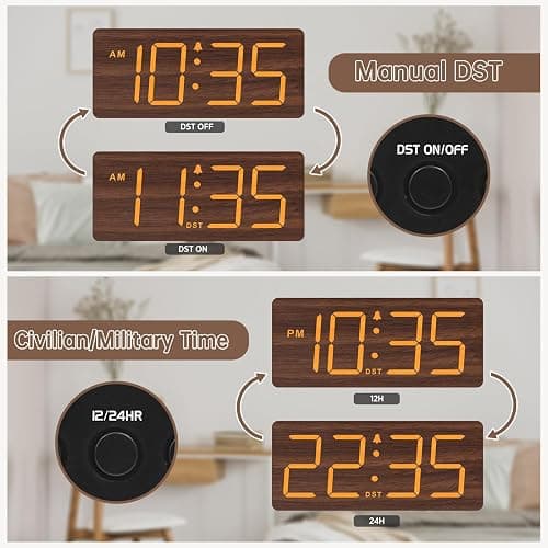DreamSky Wooden Digital Alarm Clock for Bedroom - Desk Clock with Large Numbers for Living Room Office, Loud Alarm for Heavy Sleepers Adults, Volume Control, Dimmer, DST, Wood Decor (Plug in Clock) thumbnail 6