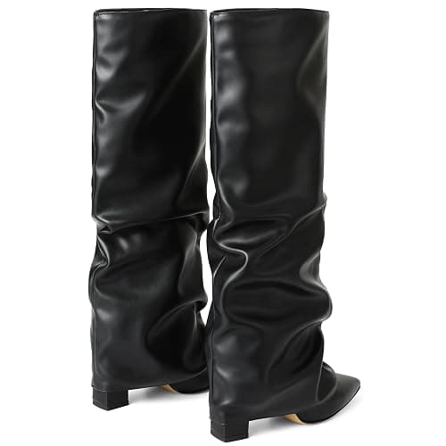 SaraIris Women's Slouchy Knee High Boots - Black, Pointed Toe, Fold Over, Chunky, Shark Boots thumbnail 4