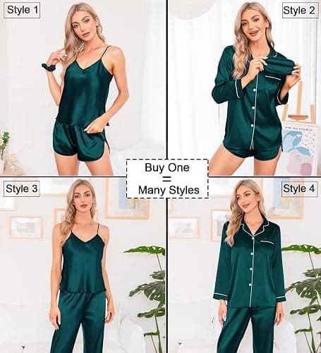 SWOMOG Women Satin Pajamas 4pcs Pajama Set Sexy Cami Shorts Set and Button Down Long Sleeve Pjs Loungewear Sleepwear thumbnail 2