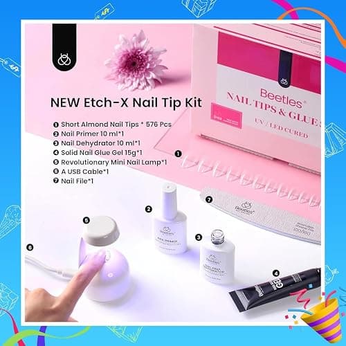 Beetles Gel Nail Kit Short Almond Gift Spree, with Dehydrator and Primer, 576Pcs Half Matte Etch-X Gel Nail Tips Solid Nail Glue Mini Lamp Acrylic Tips Easy DIY Extension Set Gift for Women thumbnail 8