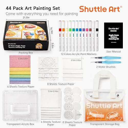 Shuttle Art 44 Pcs Magic Foam Texture Painting Kit, Including 28 Pcs Foam Texture Paper, 12 Colors Brush Tip Acrylic Paint Markers, Magical 3D Effect Texture Painting Kit thumbnail 2
