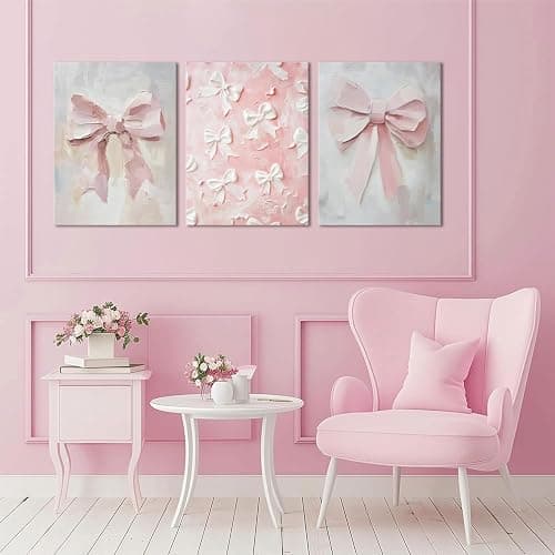 Pink Bow Canvas Wall Art Set of 3 Coquette Oil Painting Cute Bow Posters Wall Decor Trendy Preppy Print Picture for Back to School Bedroom Bathroom College Dorm 12x16 In Framed thumbnail 4