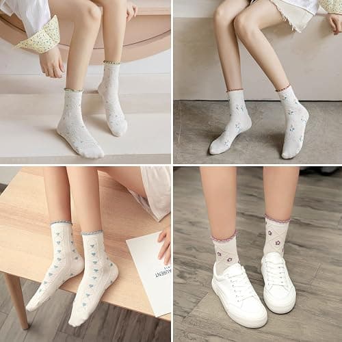 albagu Women's Crew Socks - Casual Cotton Cute Novelty Socks - Floral Ankle Socks - 5 Pack (White, One Size) thumbnail 6