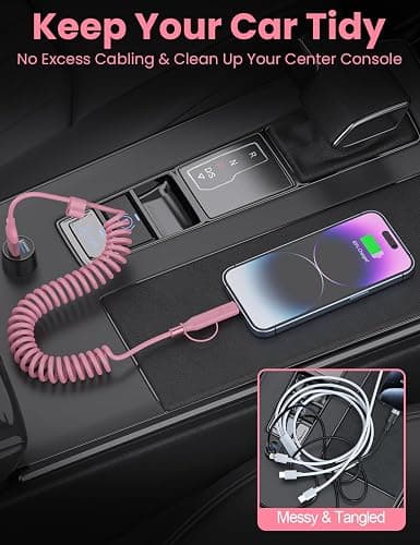 Pink Coiled Car Charging Cable 2-in-1 (USB-C & Lightning), 3FT Cute Car Accessories for iPhone 17/16/15, Samsung Galaxy — Supports Apple CarPlay & Android Auto thumbnail 5