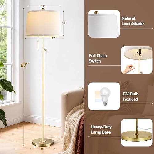 Gold Floor Lamp for Living Room, Modern Standing Lamp 55-67" Height Adjustable Brass Tall Floor Lamp with Pull Chain Switch and 3 CCT LED Blub for Living Room, Bedroom, Office & Corner Reading thumbnail 3