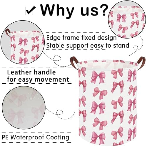 FXOCSHE Bow laundry basket for girls,Nursery Hamper,Pink Laundry Hamper,Waterproof collapsible canvas laundry basket for girls,Pink Girls Laundry Basket,Living Room Decor(Bowknot) thumbnail 7