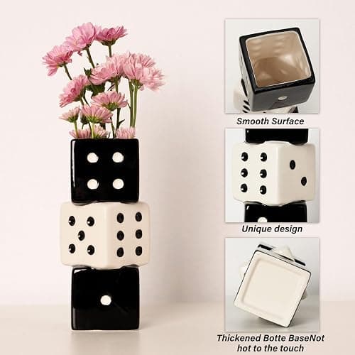 MOUGIGI Unique Handmade Dice Vase - Stylish Black & White Ceramic Decor for Home, Bar | Geometric Design Perfect for Fresh, Dried, or Artificial Flowers | Eye-Catching Centerpiece & Decorative Accent thumbnail 3