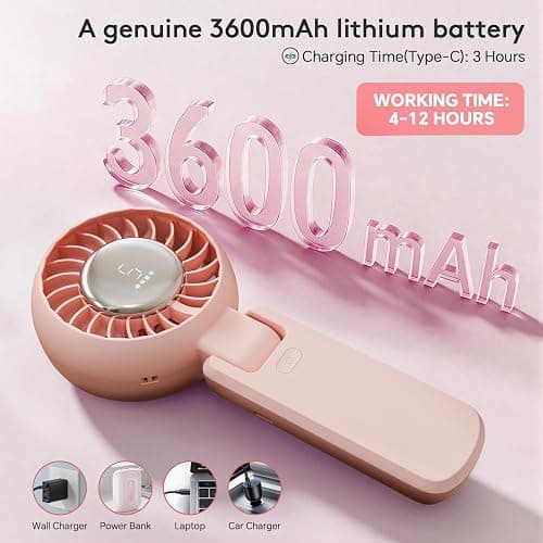 ZOZOO Portable Handheld Fan, 5 Gear High Speed, Rechargeable Mini Personal Hand Fan, Up to 14 Working Hours, 3 IN 1 for Travel, Beach Vacation, Camping, Gifts for Women, (Pink) thumbnail 3