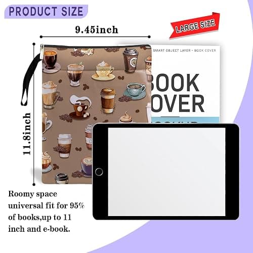 Book Sleeve for Book Lovers with Zipper Protector Paperback Cover, Washable Fabric Book Cover Gifts, Coffee Pattern Book Pouch Gifts for Girl Women Birthday Graduation Christmas (Brown 2, Large) thumbnail 3