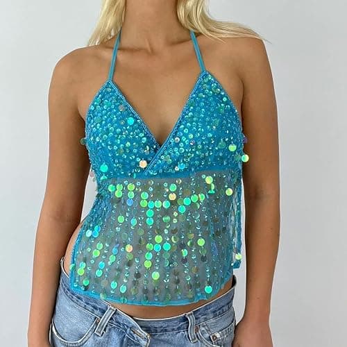 Women Y2K Sequin Cami Top Pearl Rhinestone Sleeveless Tank Top Sparkle Glitter Backless Crop Top Going Out thumbnail 2