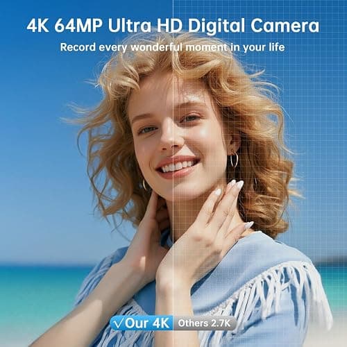 4K Digital Camera for Photography with WiFi 64MP Auto-Focus Vlogging Camera for YouTube Video 3'' 180° Flip Screen 4K Cameras 16X Zoom Anti-Shake Compact Point and Shoot Cameras with SD Card thumbnail 2