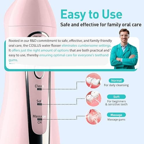 COSLUS Water Dental Flosser Teeth Pick: Portable Cordless Oral Irrigator 300ML Rechargeable Travel Irrigation Cleaner IPX7 Waterproof Electric Flossing Machine for Teeth Cleaning C20(F5020E) Pink thumbnail 5