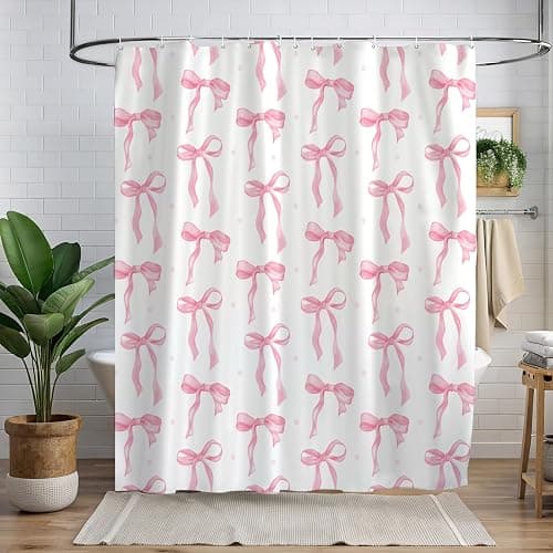 Cute Shower Curtain, Bow Pattern Waterproof Fabric Shower Curtain for Bathroom Decor, Aesthetic Modern Shower Curtains Sets with Hooks for Women Girls 72x72 Inches (Pink) thumbnail 6
