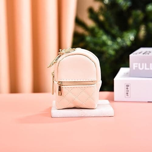 Mini Backpack Cute Cosmetic Bag for Women, Creative Cute Pendant Keychain Key-chains Keyrings PU Leather Makeup Bag Key Pocket Lipstick Bag Card Holder Data Cable Organizer Zipper Pouch (Beige) - Beige thumbnail 2