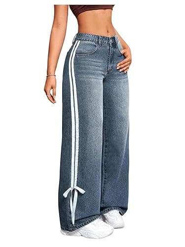 MakeMeChic Women's Straight Wide Leg Denim Pants Striped Bow Rise Jeans with Pocket Y2K Streetwear - Image 1