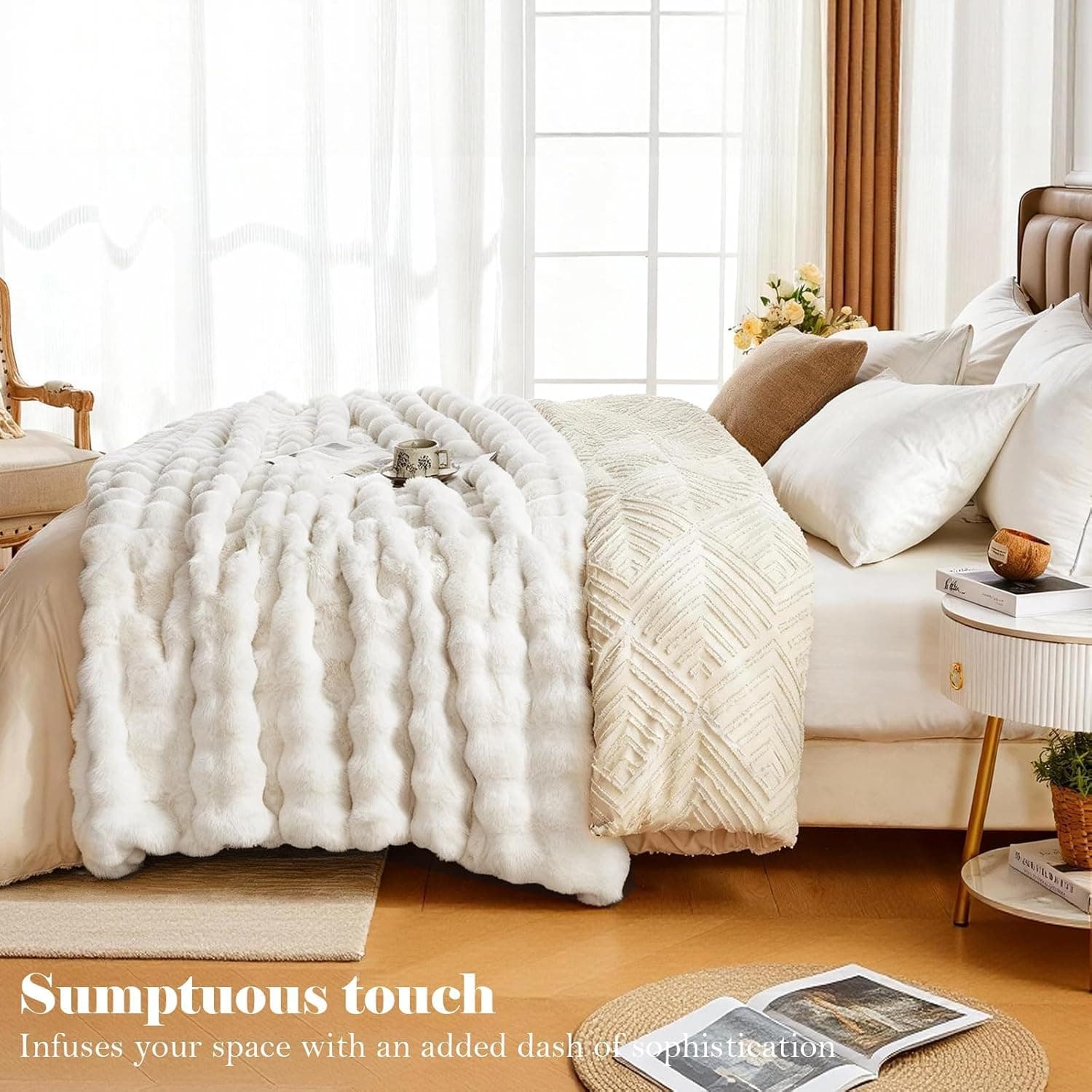 Ultra Soft Cozy Faux Fur Throw Blanket, Fuzzy Plush Thick Bubble Blanket, Luxury Fluffy Blanket for Couch, Sofa, Bedroom, and Living Room, Gifts for Women and Girls, 50x60 Inches, Cream White thumbnail 7