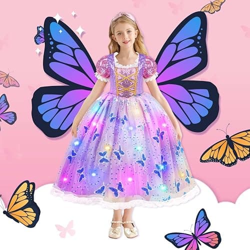 Meland Princess Dress Up for Girls 3-10, Light Up Costume for Girls Gift | Unique Butterfly Patterns & Sequins for Dreamy Princess Style, Ideal for Parties, Christmas & Birthday Gifts, Halloween Wear thumbnail 7
