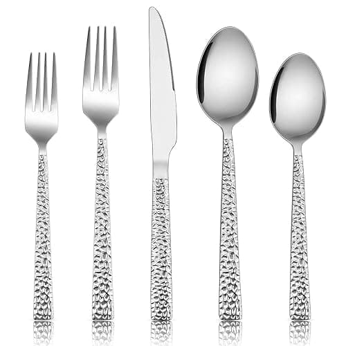 E-far Hammered Silverware Set, 40-Piece Stainless Steel Square Flatware Set for 8, Metal Tableware Cutlery Set Includes Dinner Knives/Forks/Spoons, Modern Design & Mirror Polished - Dishwasher Safe - Image 1