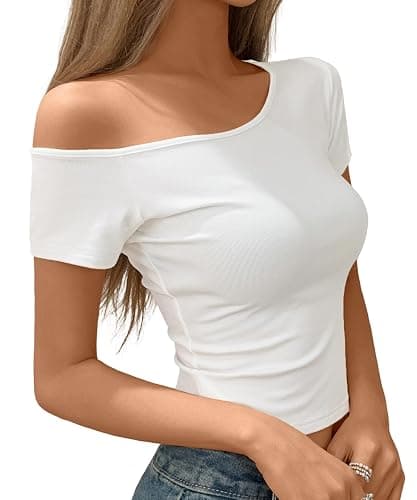 Women's Short Sleeve Stretch Ribbed Fitted Crop Top - Slim Asymmetrical Cold Shoulder Top, Off The Shoulder Sexy Shirt thumbnail 3