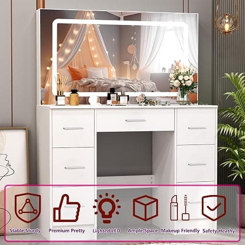 Caulitar 55.1" H White Big LED Vanity Desk with Mirror and Lights,Premium 7 Drawers & Wider Desktop Big Makeup Vanity for Girsl Teens Adults Bedroom thumbnail 5