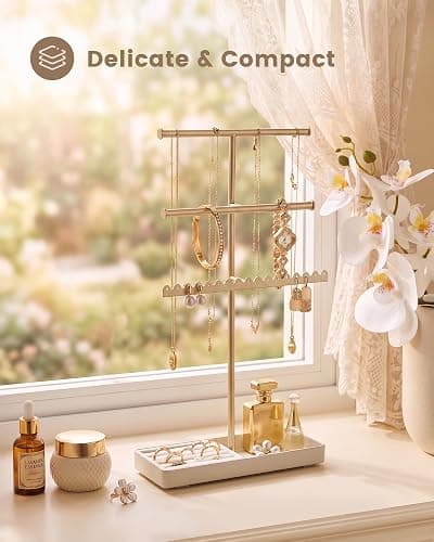 Lolalet 3-Tier Jewelry Organizer Stand, Metal Jewellery Holder, Dresser Display Rack for Necklace Earring Bracelets Rings, Gift for Women Girls -Gold thumbnail 9