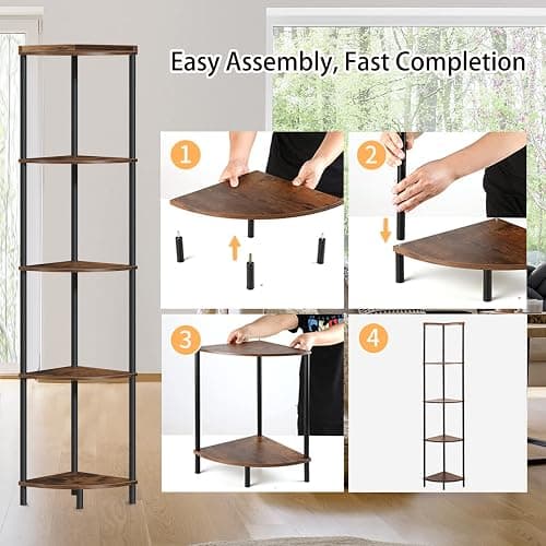 SUNMORY 5 Tier Corner Shelf Stand,Industrial 65" Corner Shelves Display Shelf for Living Room Decor,Wall Corner Bookshelf Multi Unit Organizer,Tall Shelf Plant Stand for Bedroom,Bathroom,Small Space thumbnail 7