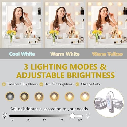 Vanity Desk with Mirror and Lights, Makeup Vanity Table Set with 5 Storage Drawers, Power Outlet & Chair, Small Dressing Table with RGB Ambient Light, Adjustable Brightness for Girls Bedroom, White thumbnail 6