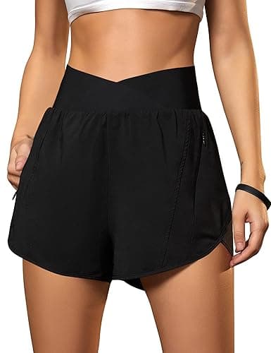Blooming Jelly Women's Workout Shorts Athletic Running Shorts Crossover High Waisted Gym Shorts with Zipper Pockets - Image 1