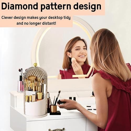 RONGZHIERK Makeup Brush Holder with Lid，Makeup Brush Storage Box with Diamond Pattern，360 Rotating Waterproof and Dustproof Beauty Brushes Storage for Vanity Bathroom,White thumbnail 4