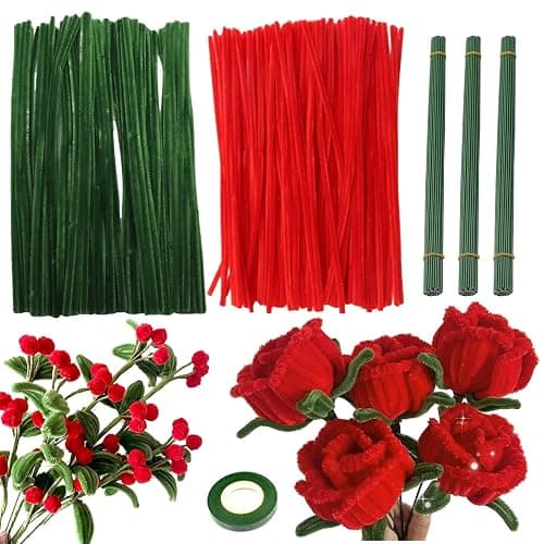 Naturezhen 331 Pcs Pipe Cleaner Flowers Craft kit, Thick Fuzzy Chenille Stem with Green Floral Wires, Gardening Tape for DIY Craft Flower Projects Holiday Decorations Creative Gift - Image 1