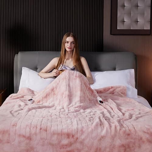 Guohaoi Heated Blanket Electric Throw, Soft Faux Rabbit Fur Electric Blanket with 10 Heating Levels 5 Sitting Timer Auto Off, Dual-Controller Heating Blankets, Machine Washable(84"×90" Pink) thumbnail 5