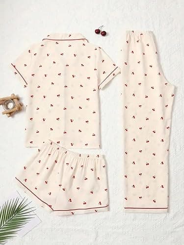 Verdusa Women's 3 Piece Cute Pajama Set Bow Button Down Shirts and Shorts Pants Lounge Pjs Set thumbnail 3
