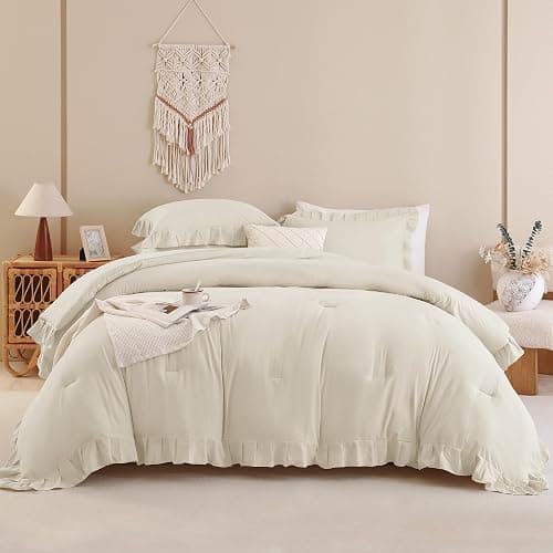 Andency Beige Comforter Set Full Size, 3 Pieces Solid Ruffle Vintage Rustic Soft Bedding Comforter Sets, All Season Lightweight Fluffy Soft Microfiber Bedding Set (79x90 Comforter & 2 Pillowcases) thumbnail 3