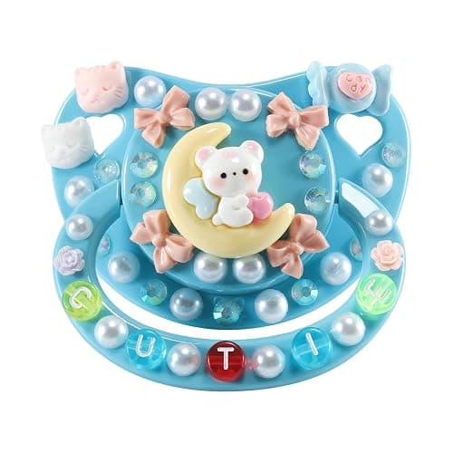 CutiePlusU Adult Sized Pacifier Dummy for Adult-Big Shield DIY Handmade-Blue Moon Bear - Image 1