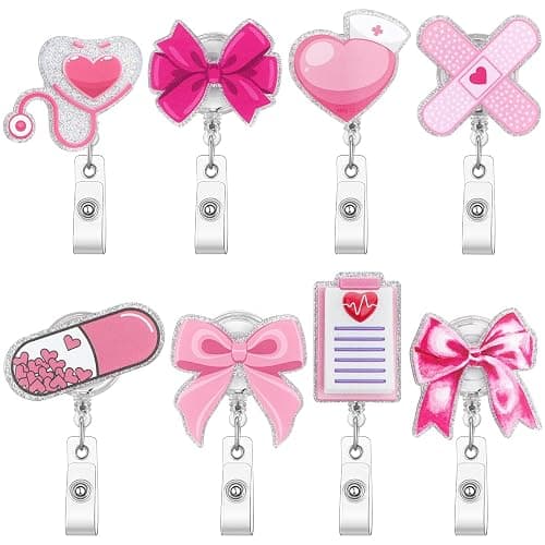 XunYee 8 Pack Pink Bow Nurse Badge Reels Xmas Retractable ID Name Nursing Medical Reels Badge Holder Christmas Stocking Gift for Nursing Student, ID Card Office Nurses Student, Teacher, Medical Worker - Image 1